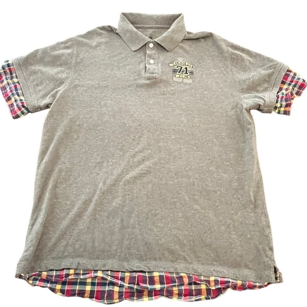 Disney Parks Polo Shirt XL Gray Walt Disney World 71 Plaid Trim
